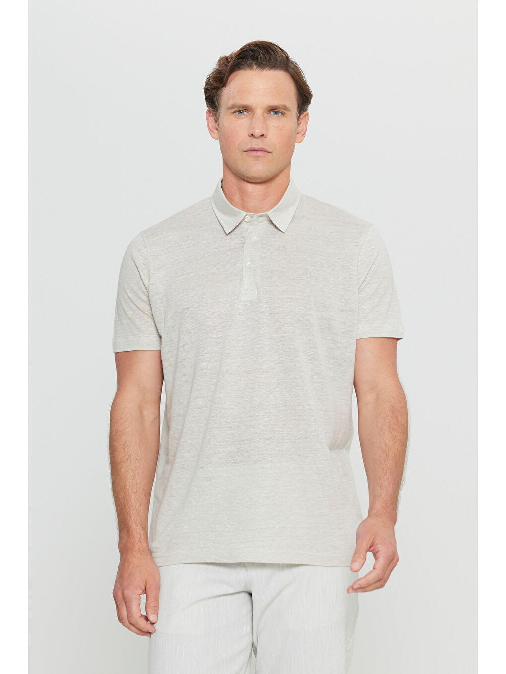 Erkek Bej %100 Keten Slim Fit Dar Kesim Polo Yaka Tişört-2