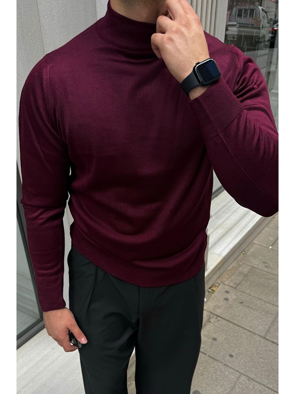 Bordo Erkek Standart Fit Normal Kesim Yarım Balıkçı Yaka Triko Kazak-7