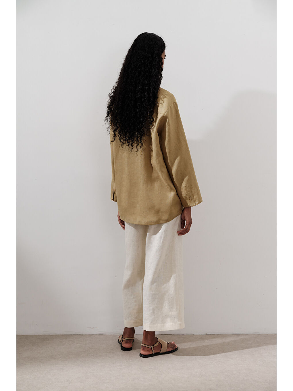 Sarı Keten Geniş Kollu Gömlek Köri-5