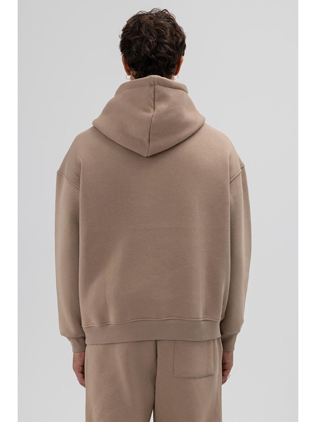 Bej Basic Oversize Kapüşonlu Sweatshirt Vizon-4