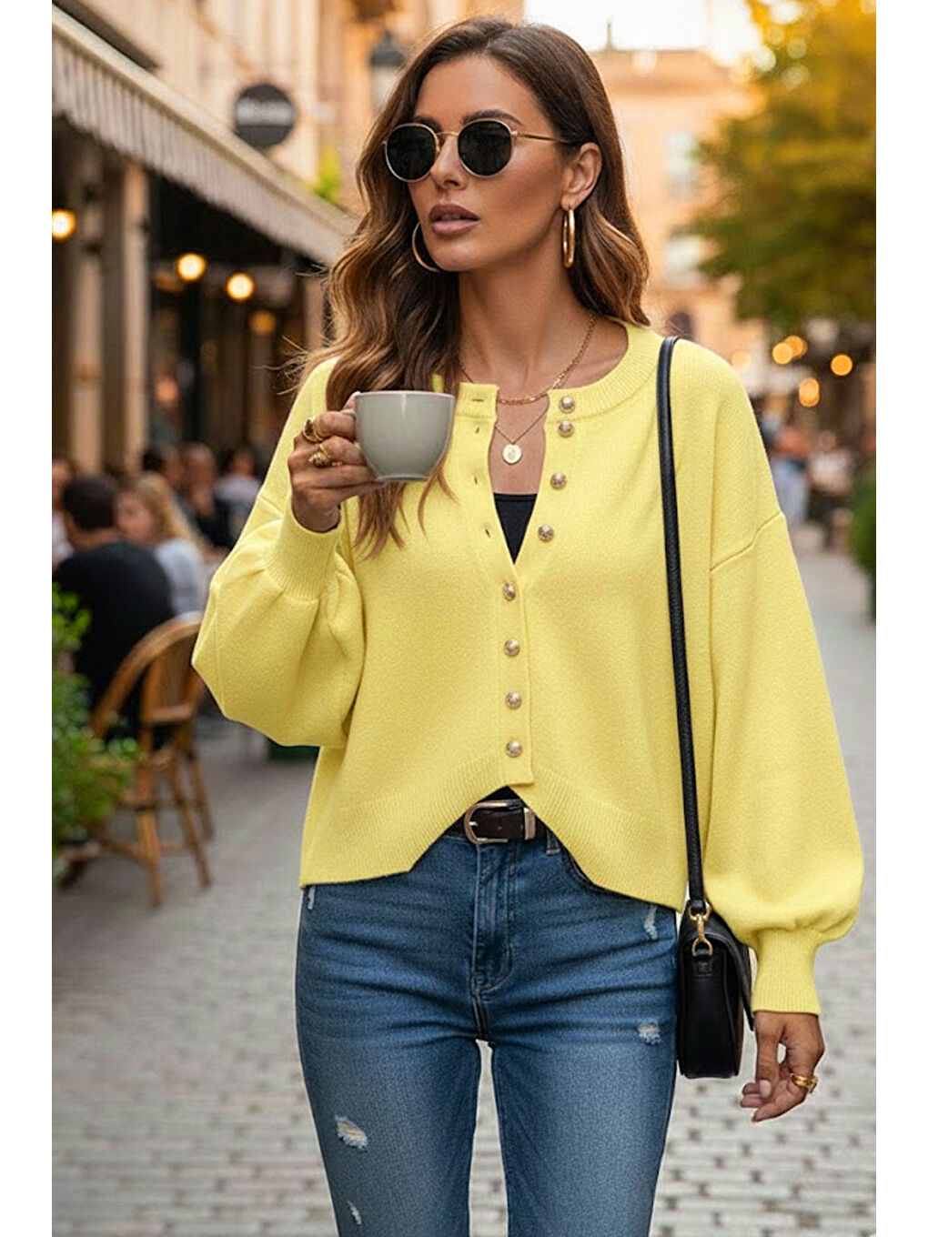 Sarı Yumuşak Dokulu Mücevher Düğmeli Ceket Görünümlü Triko Hırka