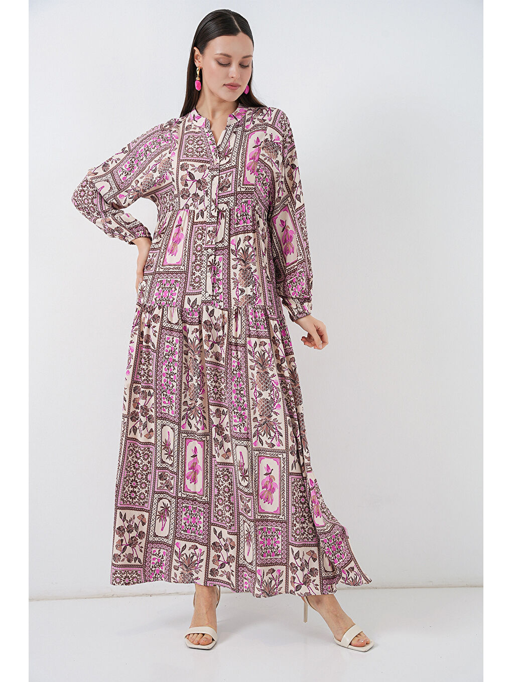 Pembe Kadın Desenli Uzun Tesettür Elbise 2585 - A.Pudra-2