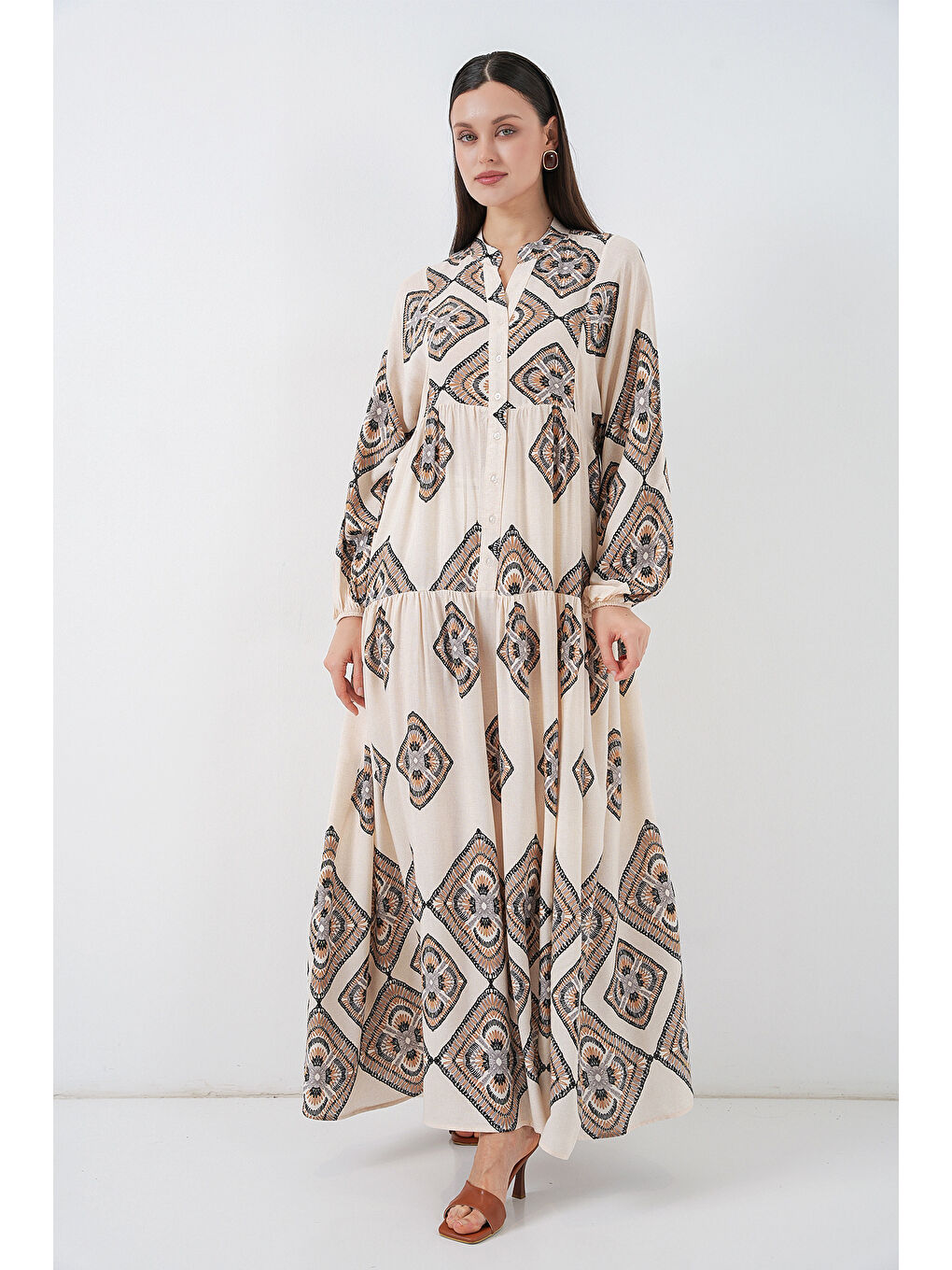 Kadın Desenli Uzun Tesettür Elbise 2585 - Ekru-2