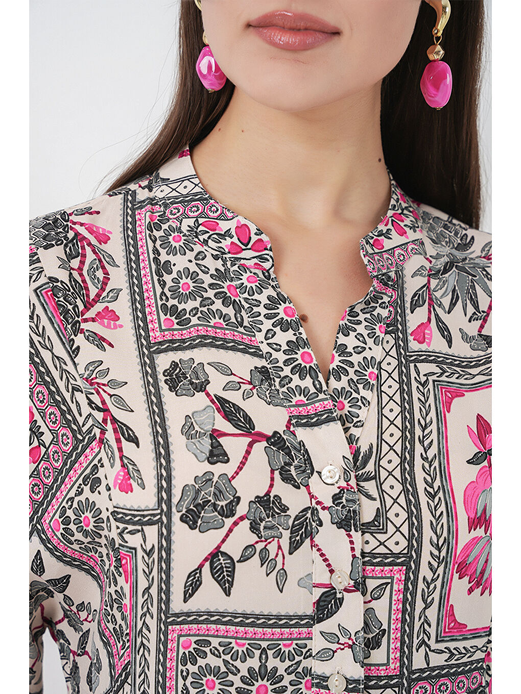 Kadın Desenli Uzun Tesettür Elbise 2585 - B. Fuşya-5