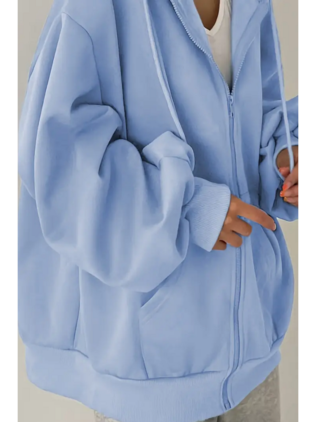 Unisex Mavi Fermuar Kapüşonlu Sweatshirt-3