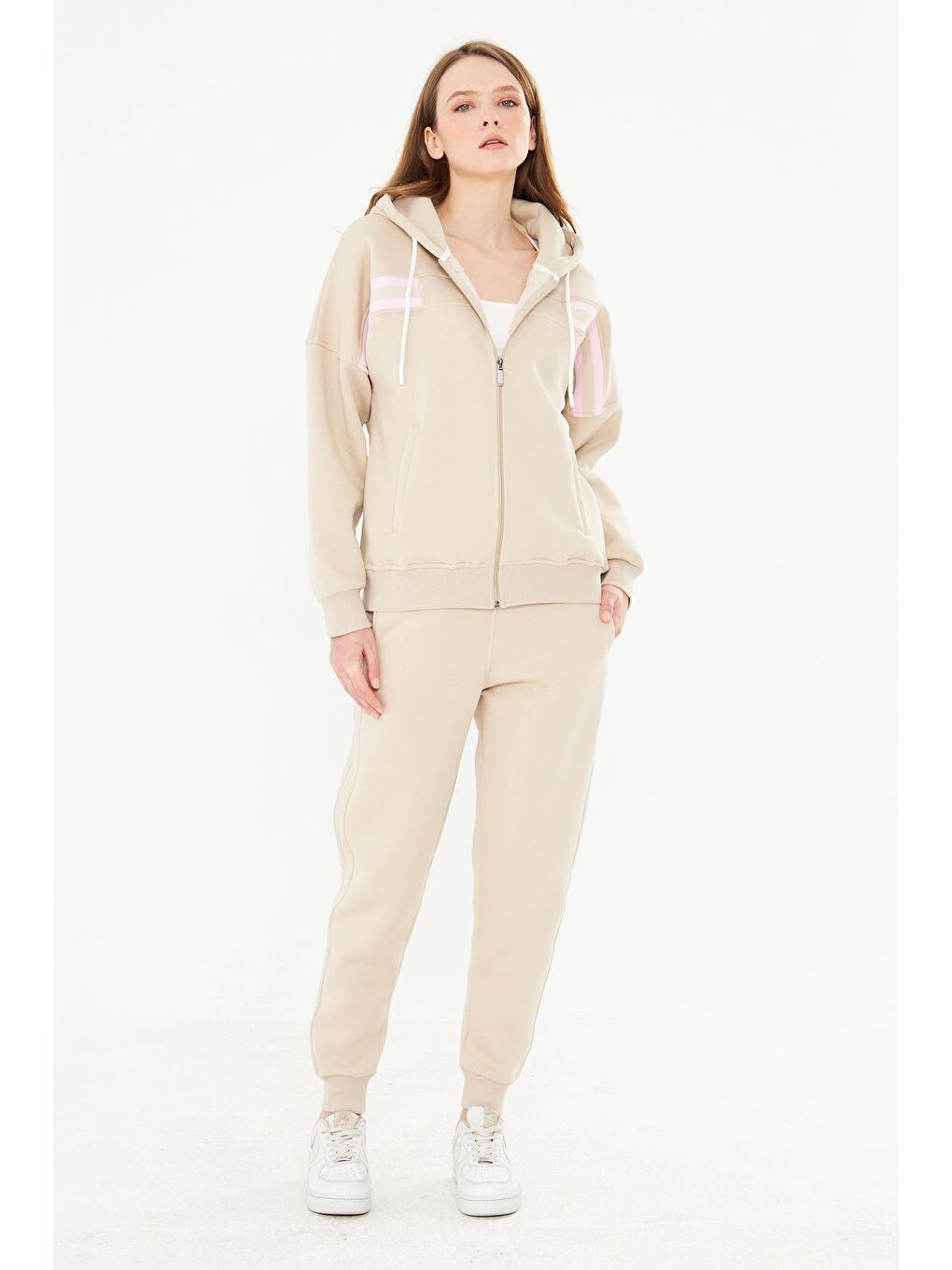 Kadın İçi Polarlı Kapüşonlu Kışlık Eşofman Takımı Bej 8520-B-1