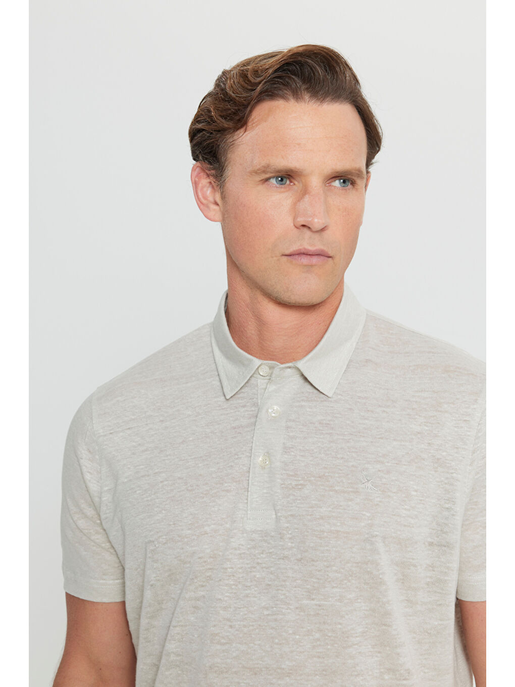 Erkek Bej %100 Keten Slim Fit Dar Kesim Polo Yaka Tişört-3
