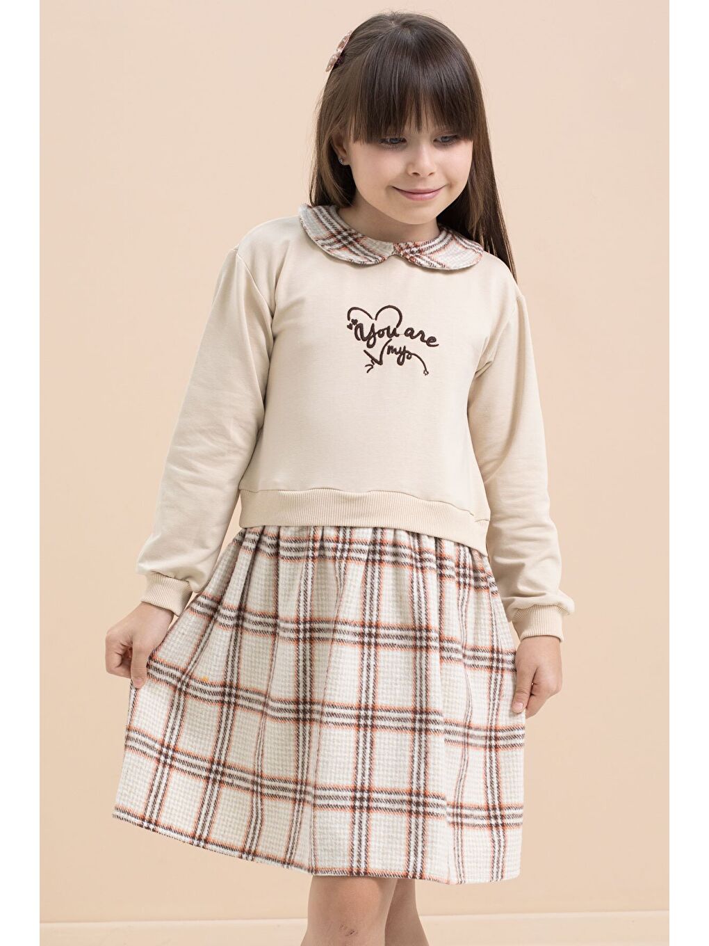 Bej Kız Çocuk Yazı Baskılı Ekose Desenli Elbise 21545-1