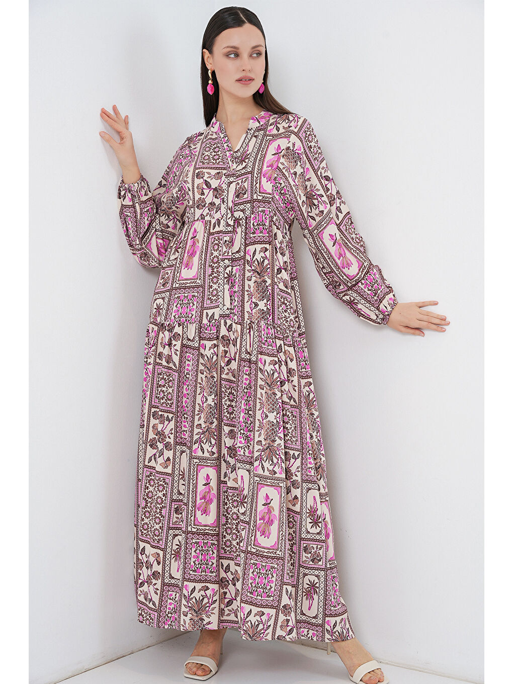 Pembe Kadın Desenli Uzun Tesettür Elbise 2585 - A.Pudra-3