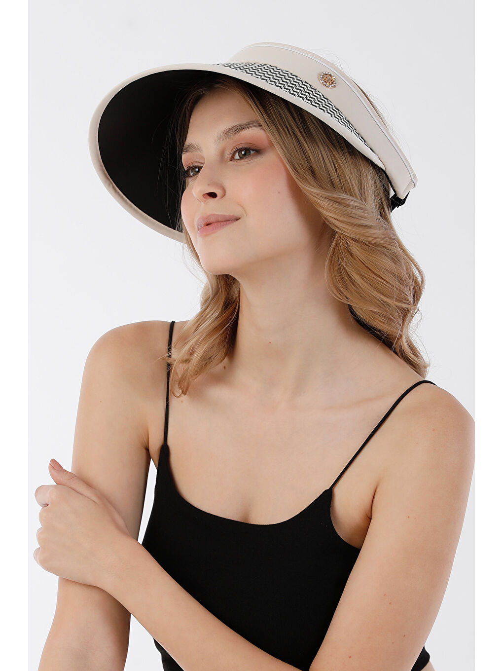 Bej Kazayağı Desenli Siperli Ayarlanabilir Hasır Şapka-2