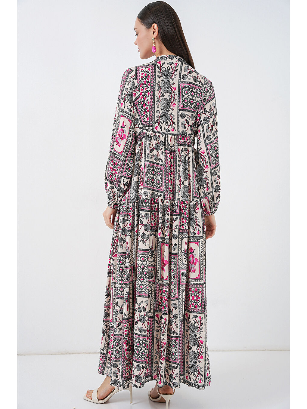 Kadın Desenli Uzun Tesettür Elbise 2585 - B. Fuşya-6