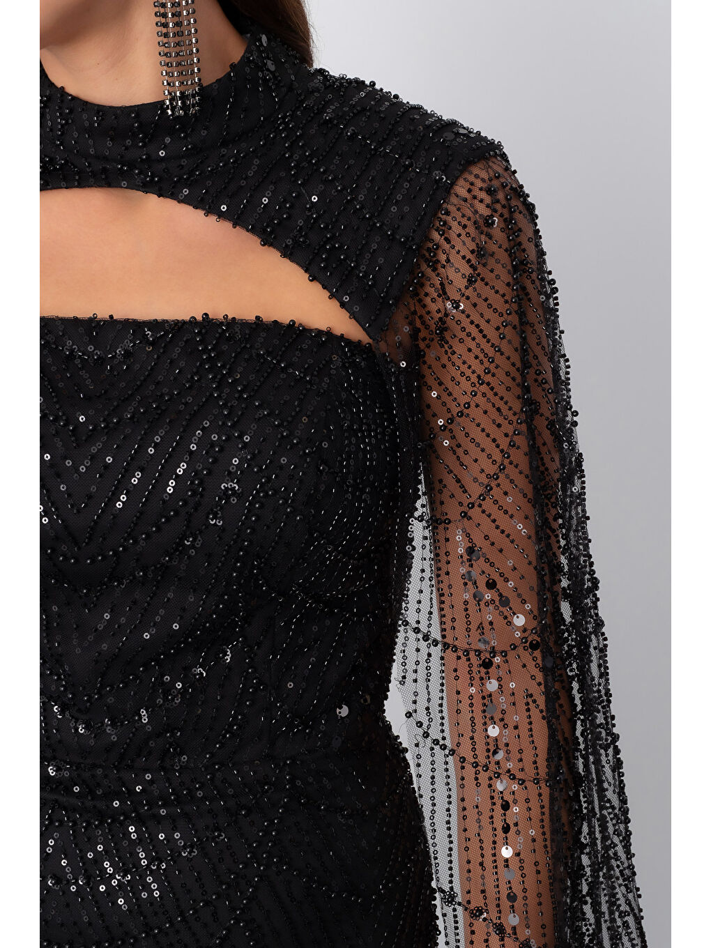 Kadın Siyah Şallı Uzun Kol Dik Yaka Boncuklu Abiye-3