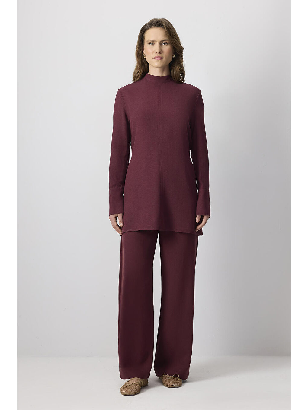 Bordo Belden Bağlamalı Doğal Dokulu Takım