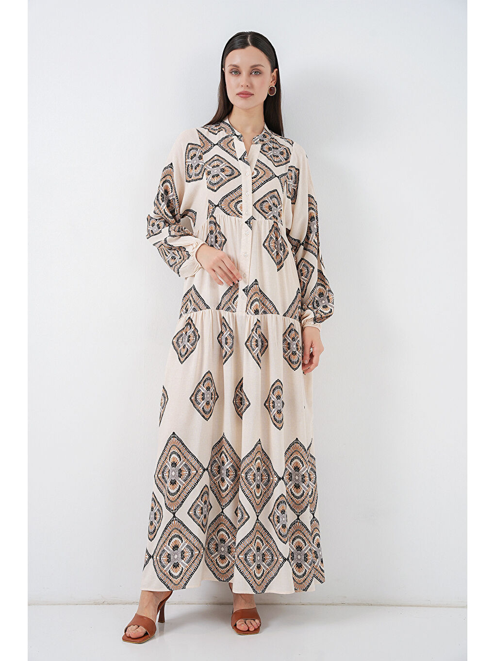 Kadın Desenli Uzun Tesettür Elbise 2585 - Ekru-4