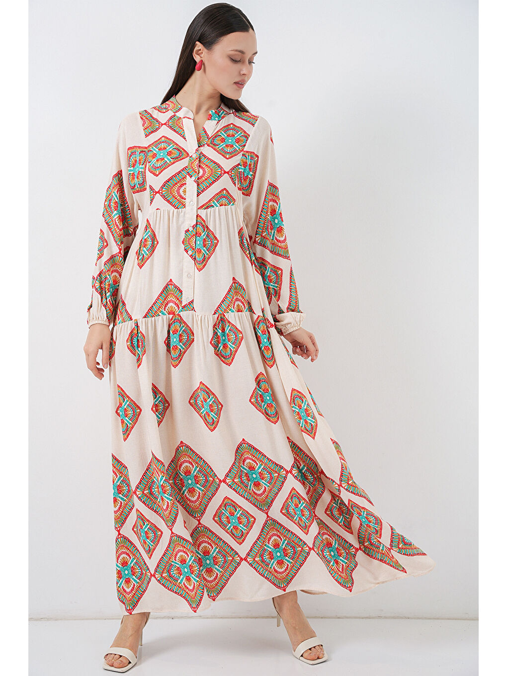 Kadın Desenli Uzun Tesettür Elbise 2585 - Bej-1