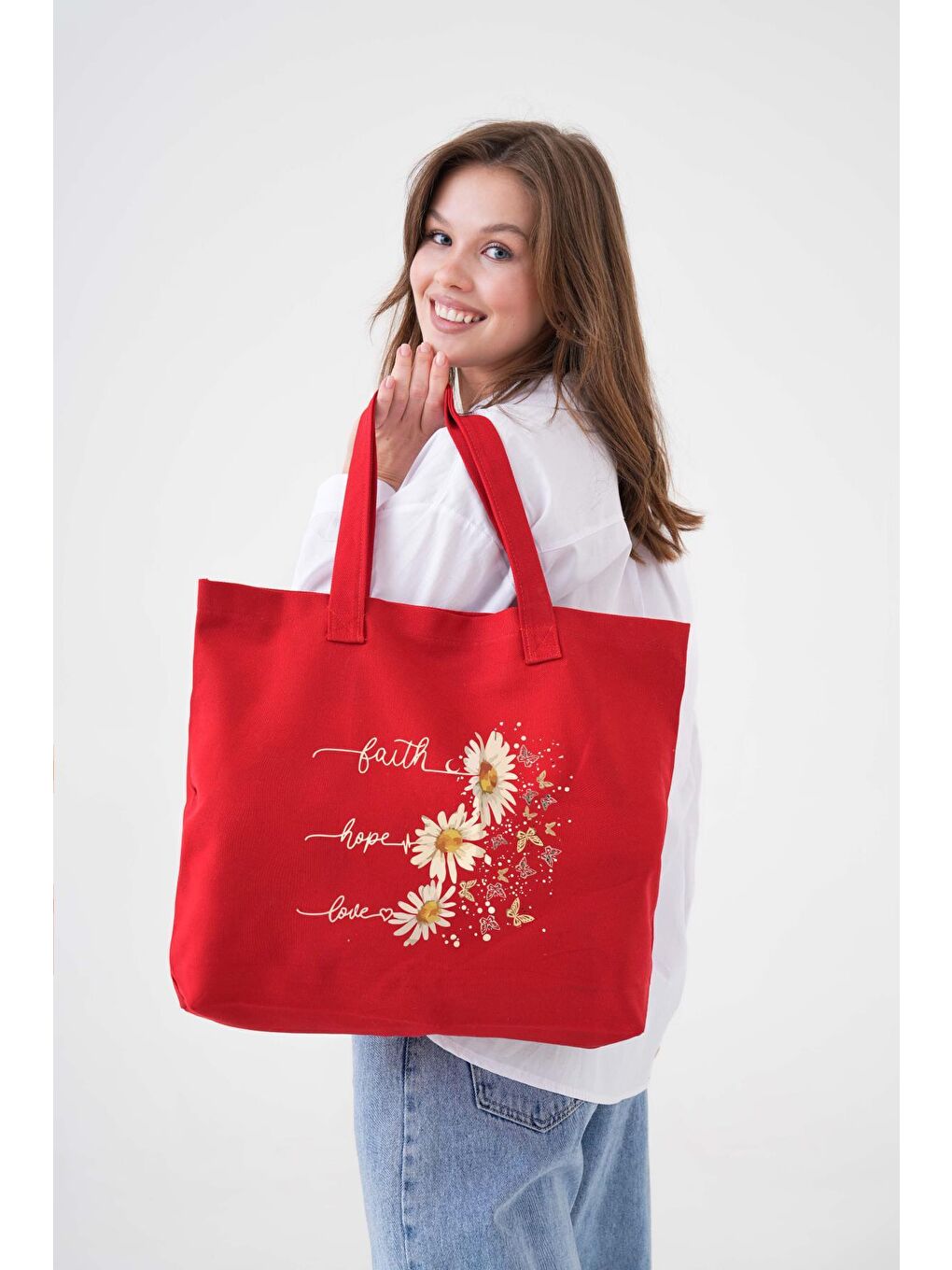 Kırmızı Faith Hope Love Baskılı KIRMIZI Yatay Kanvas Çanta-1