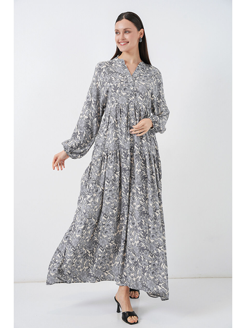 Kadın Desenli Uzun Tesettür Elbise 2585 - Gri