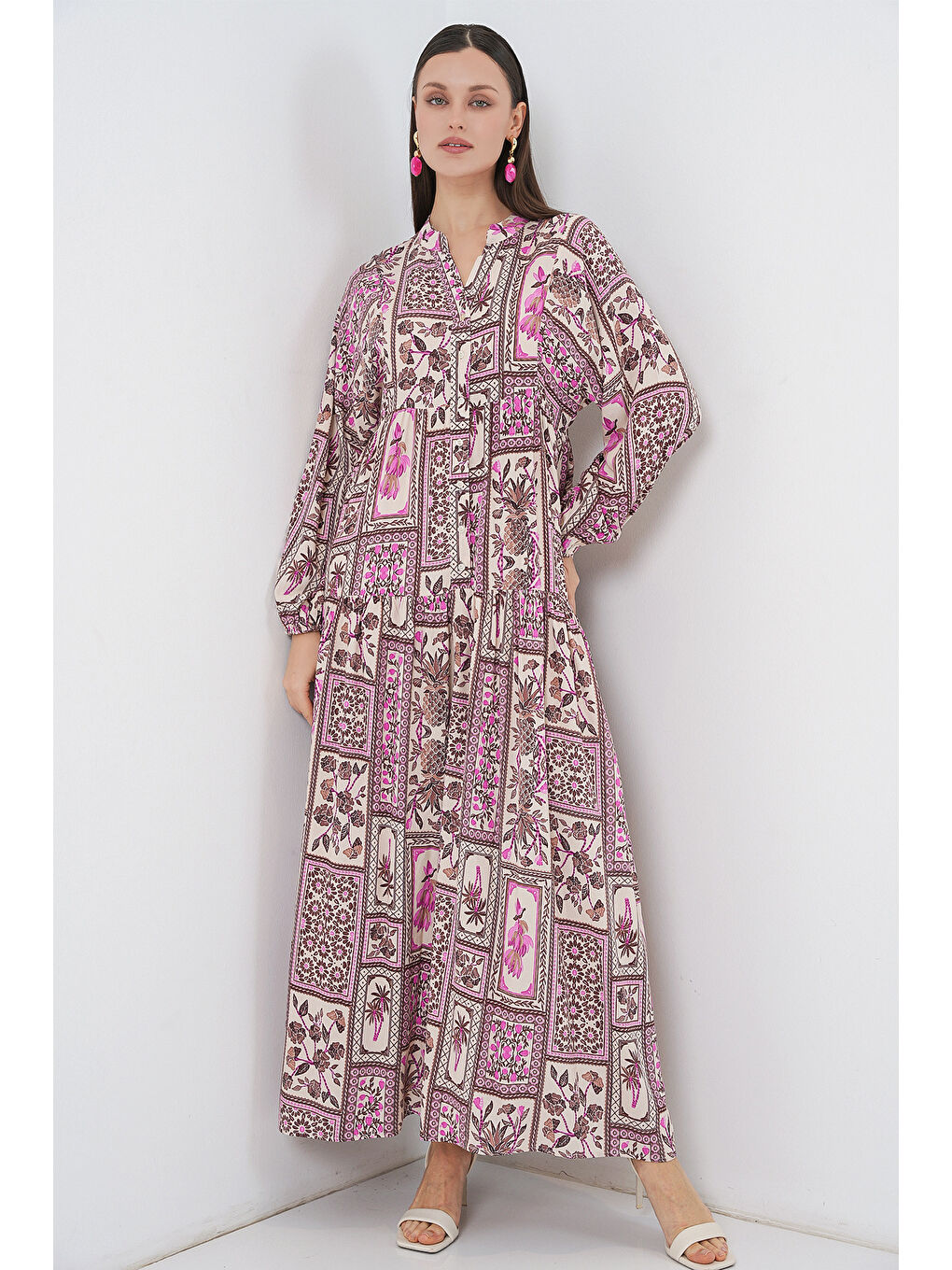 Pembe Kadın Desenli Uzun Tesettür Elbise 2585 - A.Pudra-4