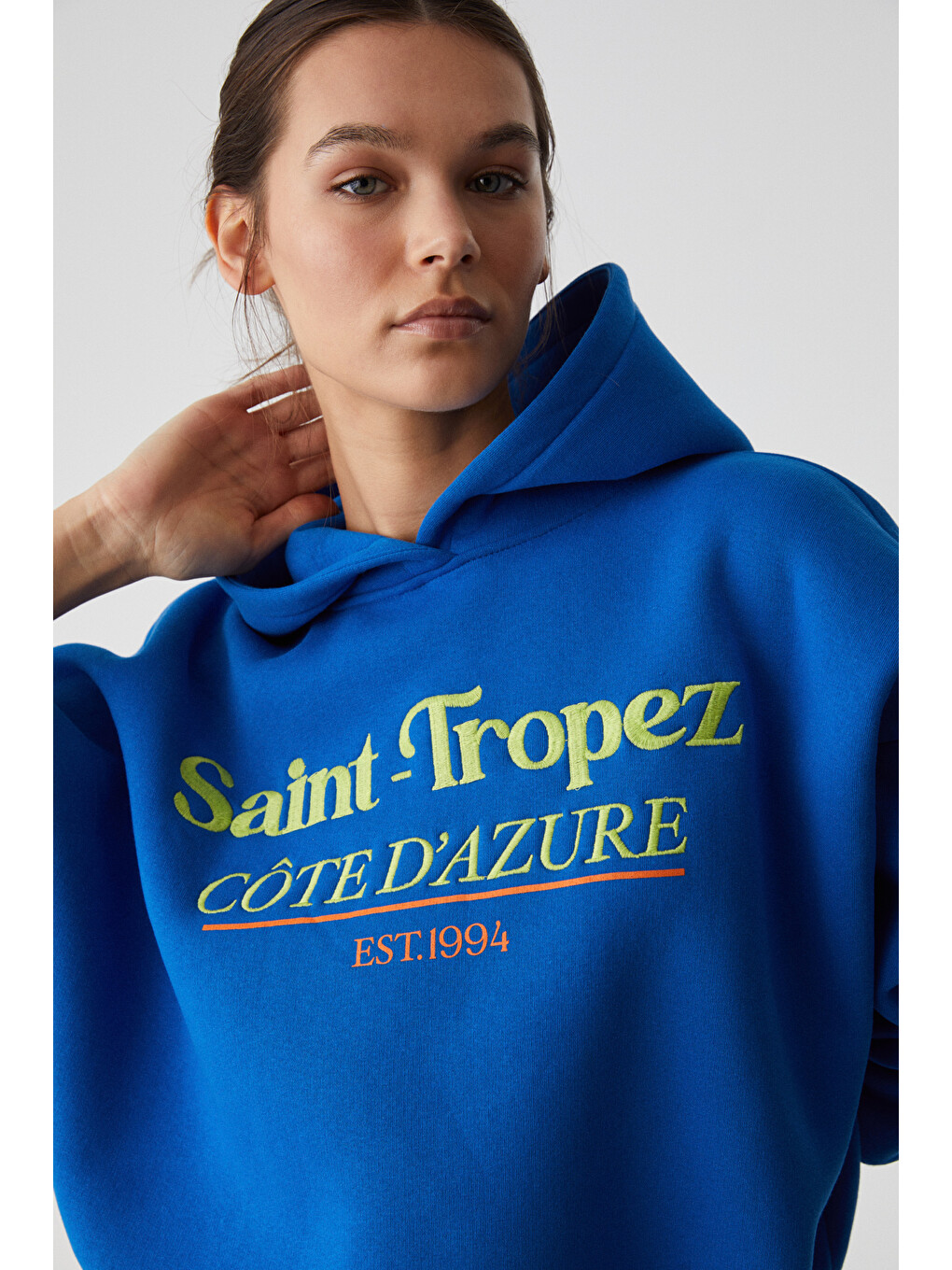 Tacna Kadın Kapüşonlu Uzun Kollu Oversize Mavi Sweatshirt-2