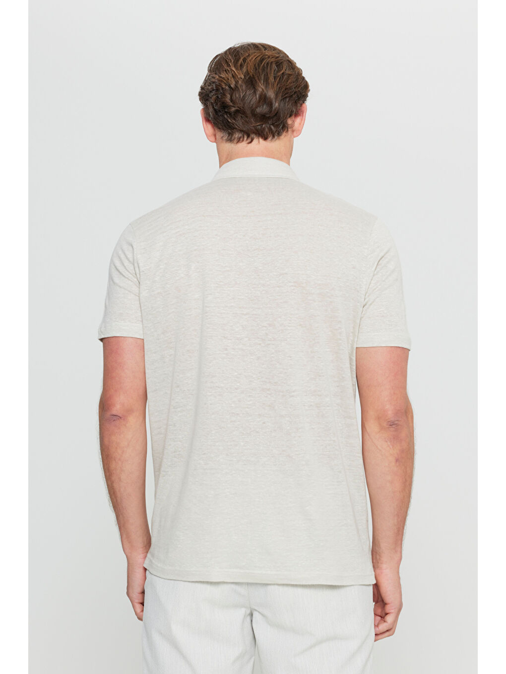 Erkek Bej %100 Keten Slim Fit Dar Kesim Polo Yaka Tişört-4