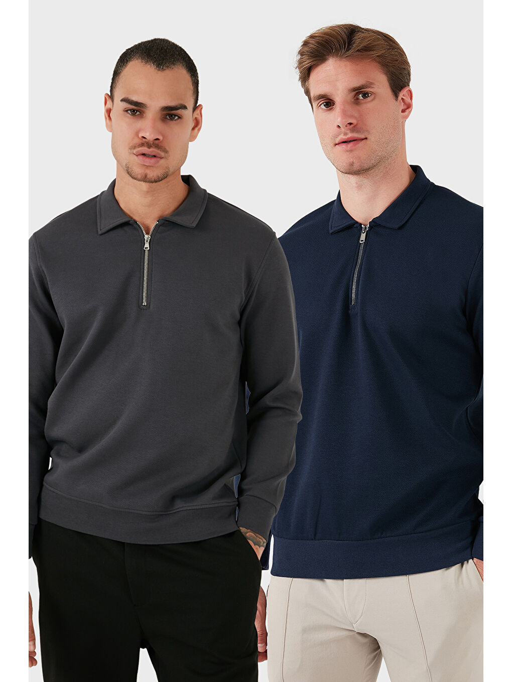 Gri Pamuklu Regular Fit Yarım Fermuarlı 2'li Paket Polo Yaka Sweat 5905789S2