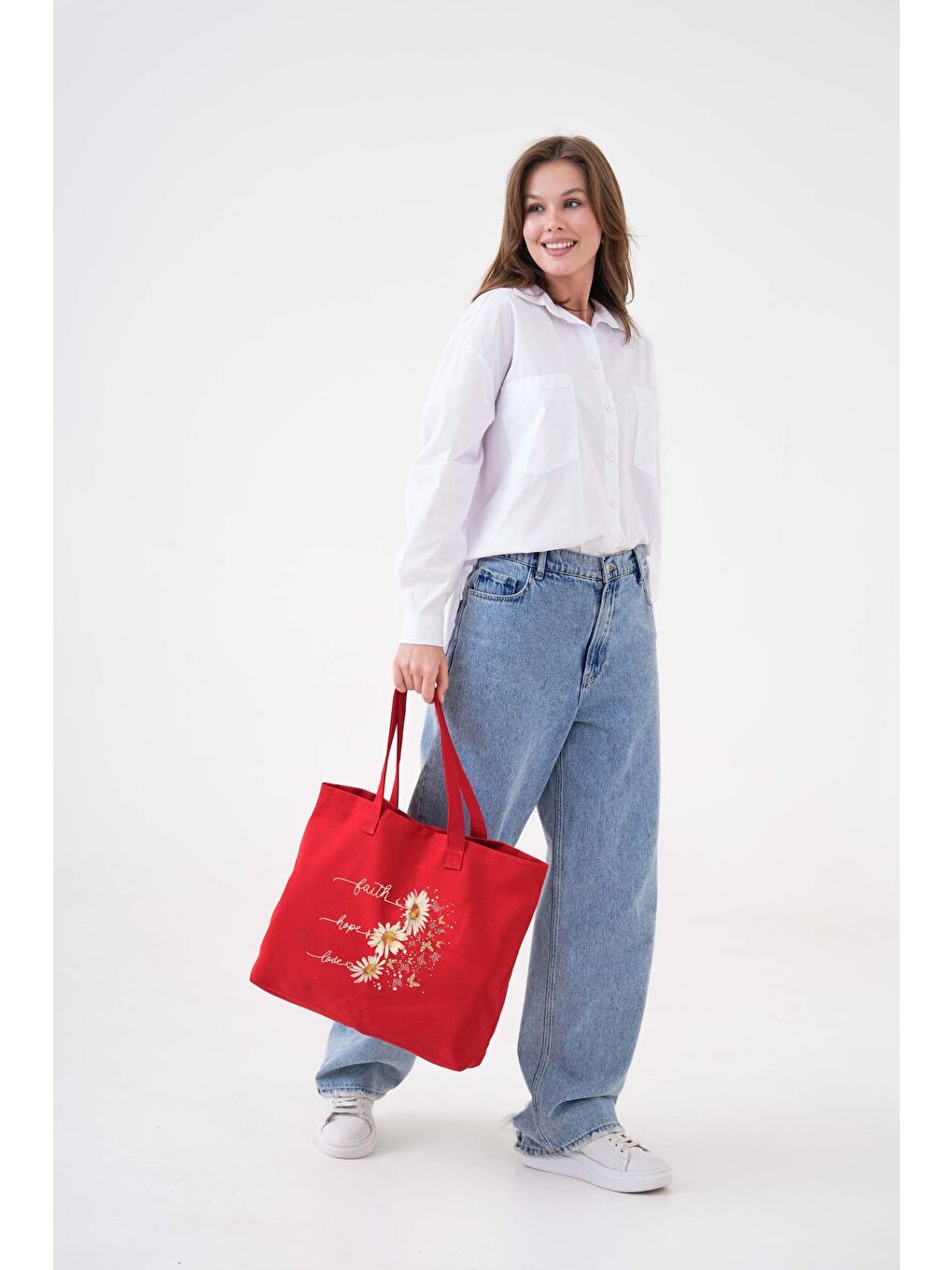 Kırmızı Faith Hope Love Baskılı KIRMIZI Yatay Kanvas Çanta-4