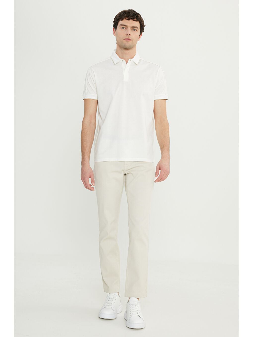 Erkek Beyaz %100 Pamuk Slim Fit Dar Kesim Polo Yaka Tişört-1