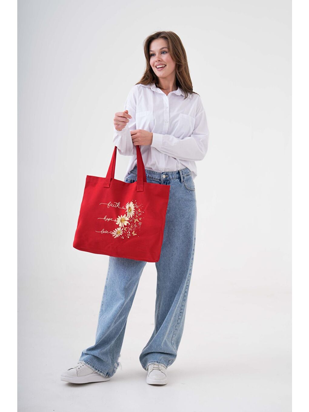 Kırmızı Faith Hope Love Baskılı KIRMIZI Yatay Kanvas Çanta-6