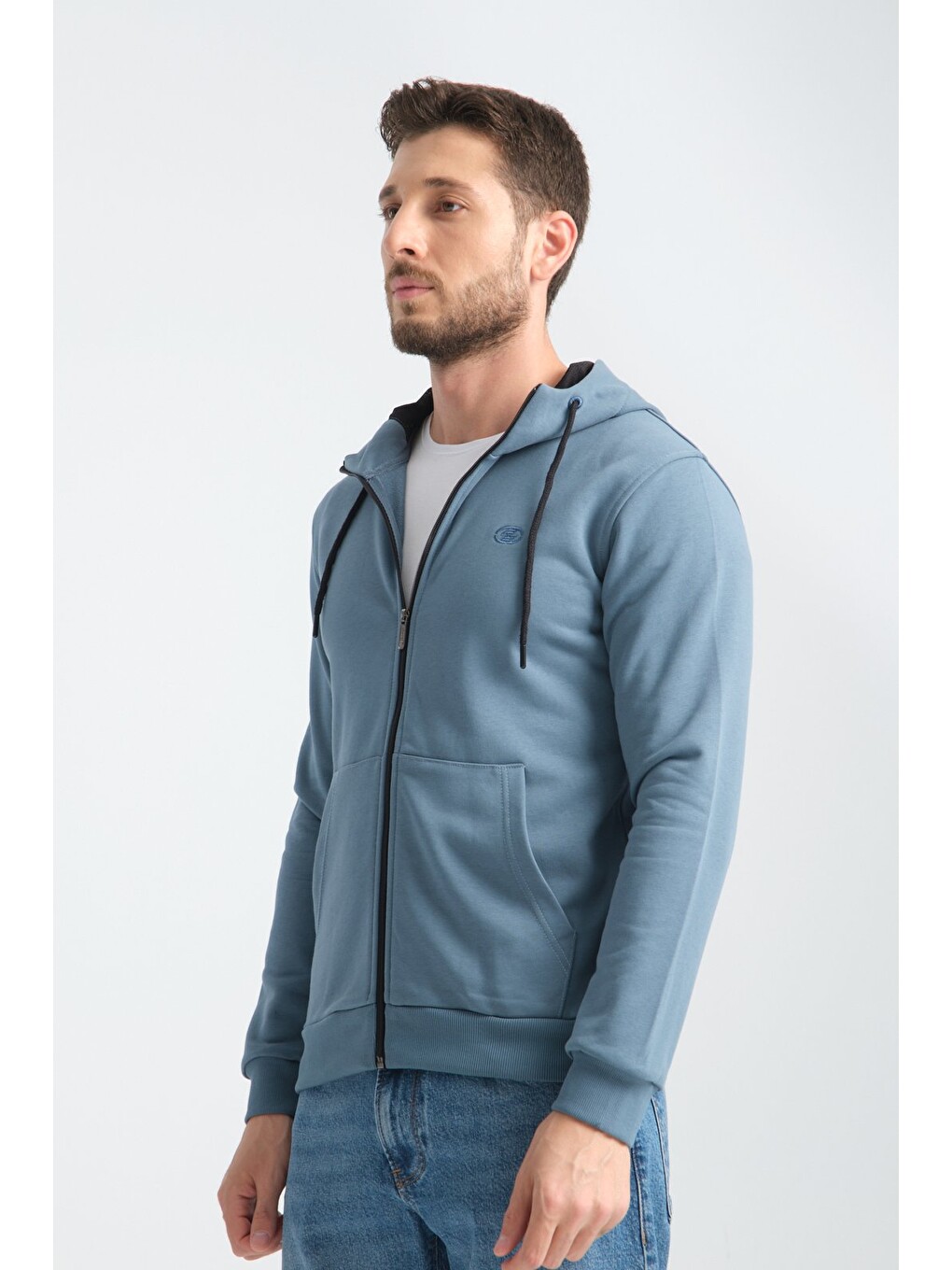 Orman Yeşili Erkek Üç İplik Şardonsuz Fermuarlı Kapüşonlu Sweatshirt-1