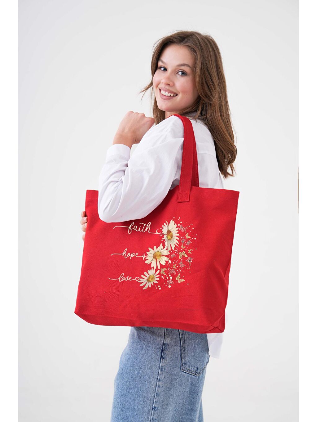 Kırmızı Faith Hope Love Baskılı KIRMIZI Yatay Kanvas Çanta-7