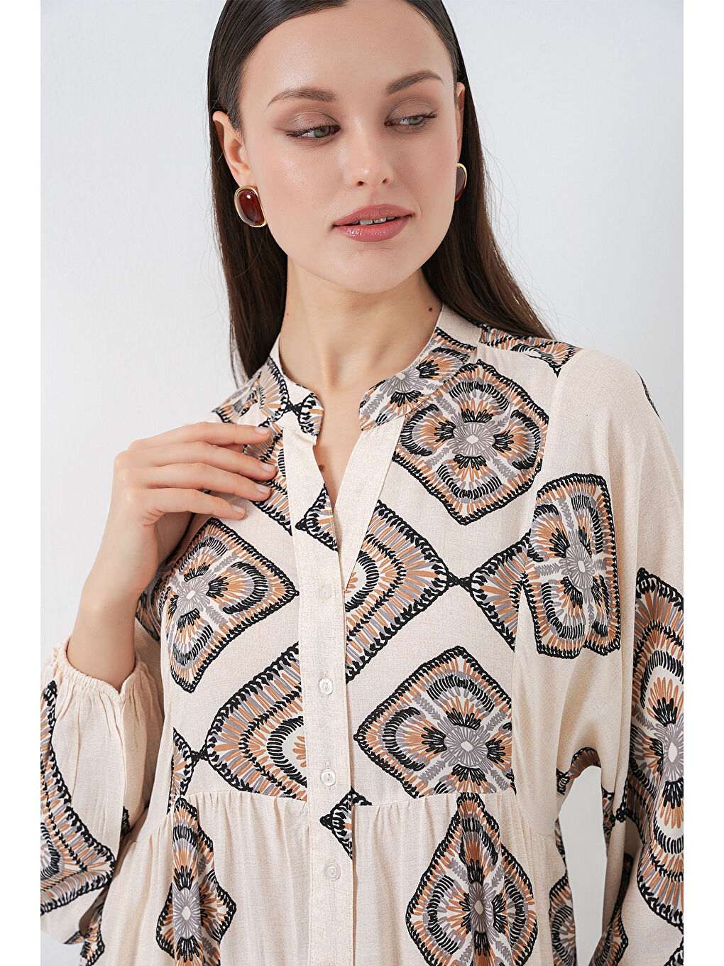 Kadın Desenli Uzun Tesettür Elbise 2585 - Ekru-5