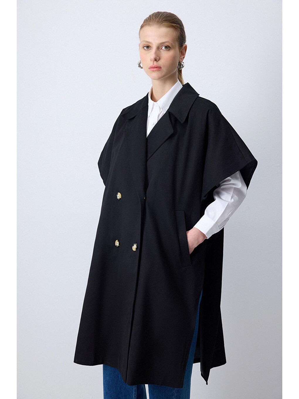 Siyah Kruvaze Gabardin Trençkot-3