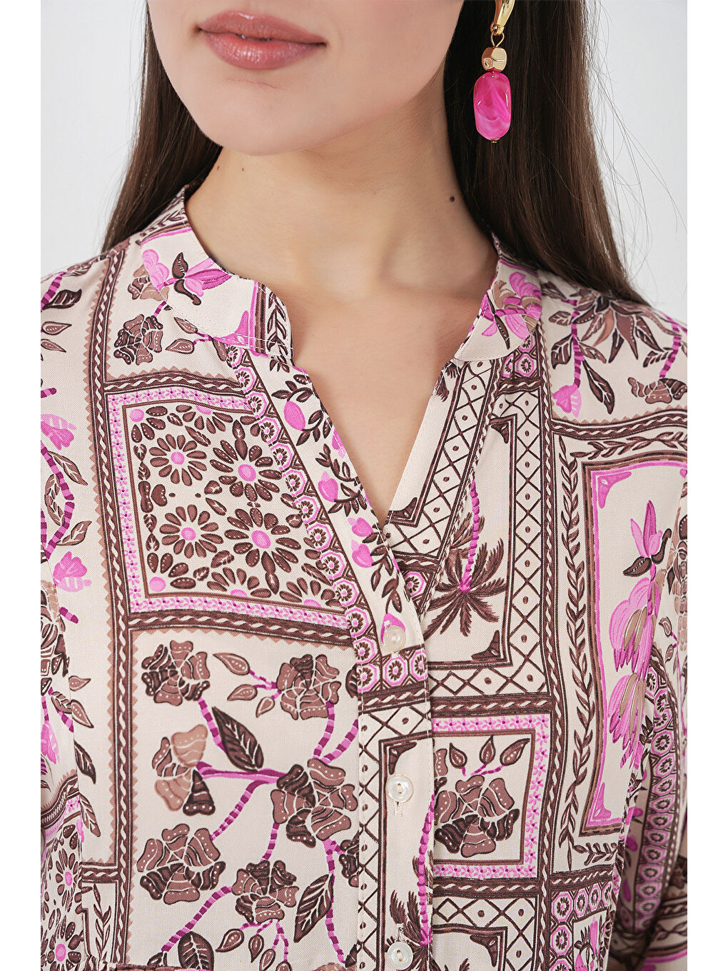 Pembe Kadın Desenli Uzun Tesettür Elbise 2585 - A.Pudra-5