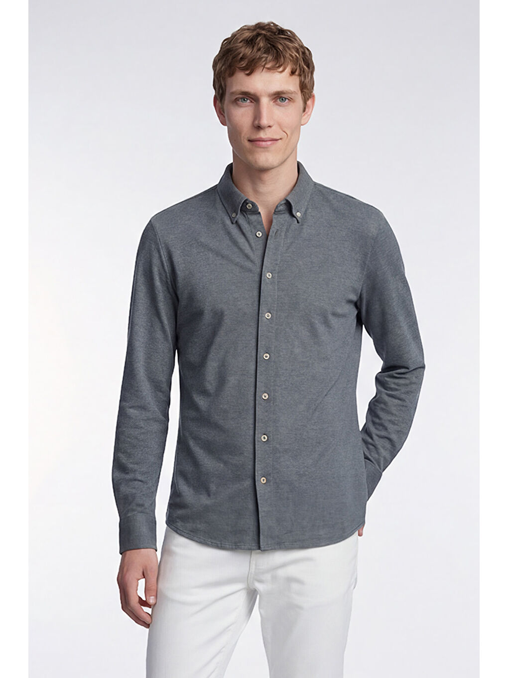 Erkek İndigo Pamuklu Tailored Slim Fit Dar Kesim Düğmeli Yaka Örme Gömlek-1