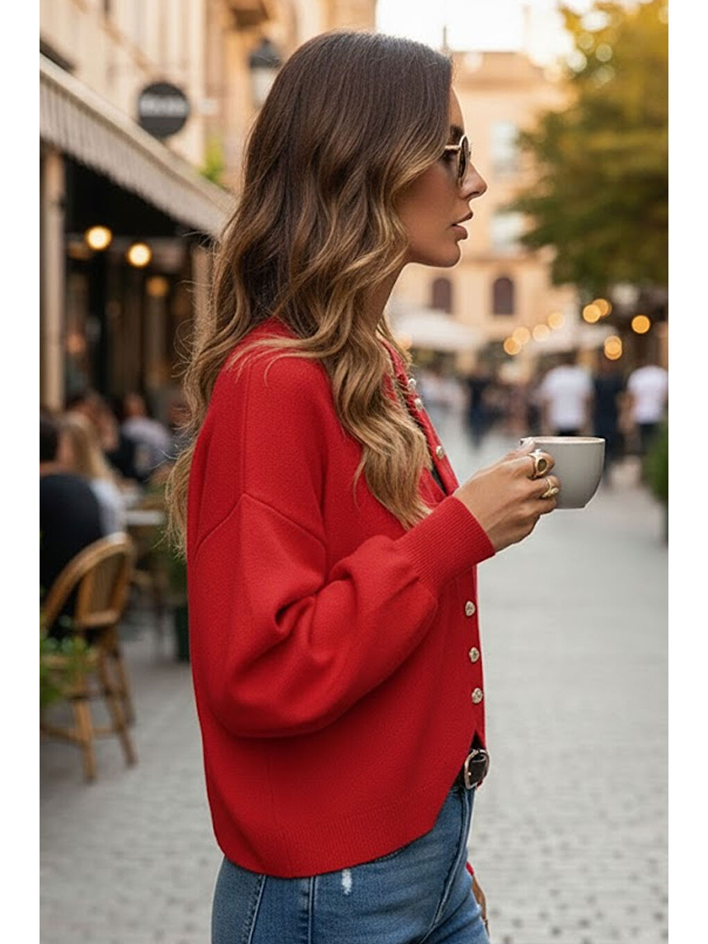Kırmızı Yumuşak Dokulu Mücevher Düğmeli Ceket Görünümlü Triko Hırka-1
