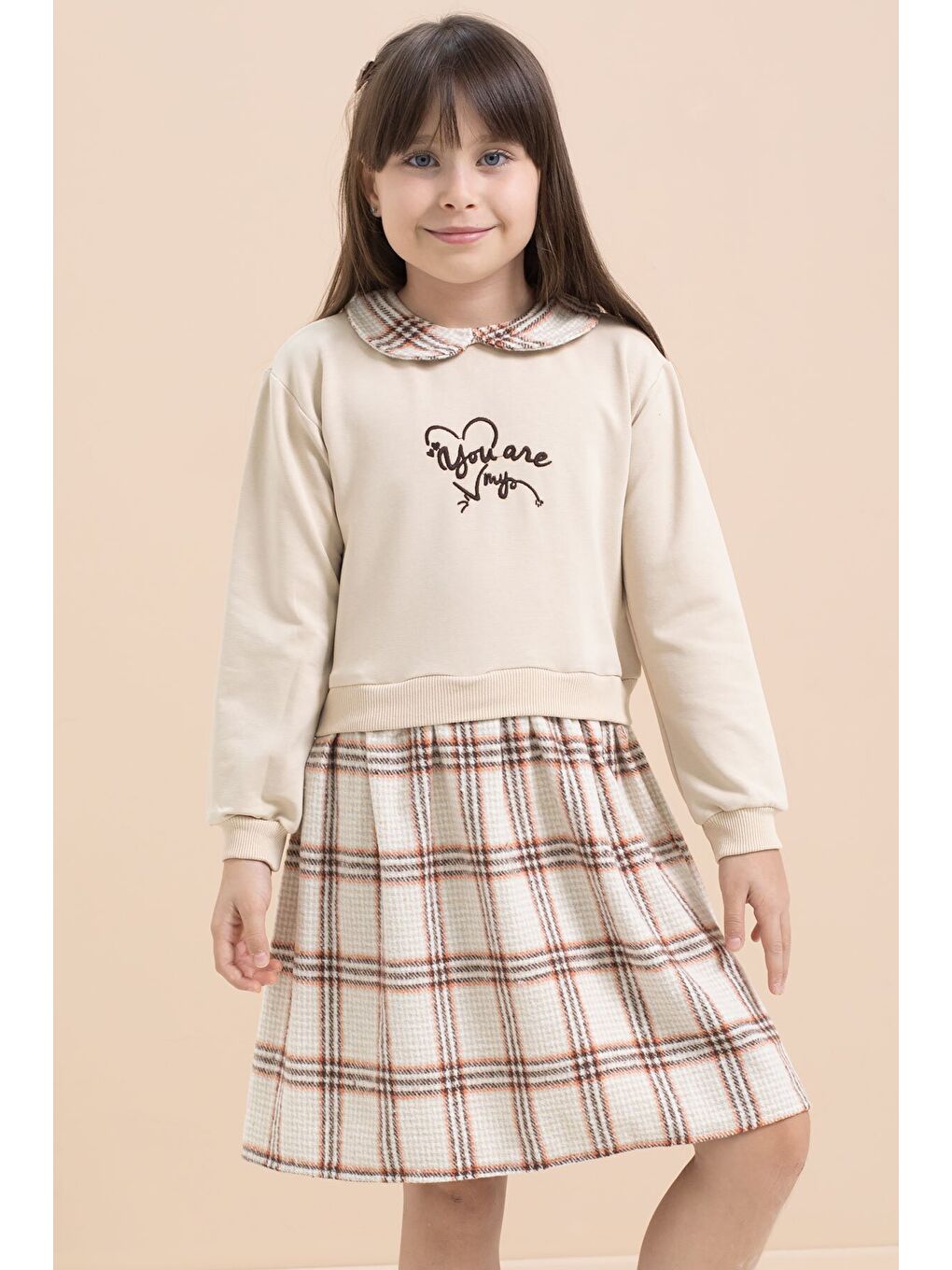 Bej Kız Çocuk Yazı Baskılı Ekose Desenli Elbise 21545-3