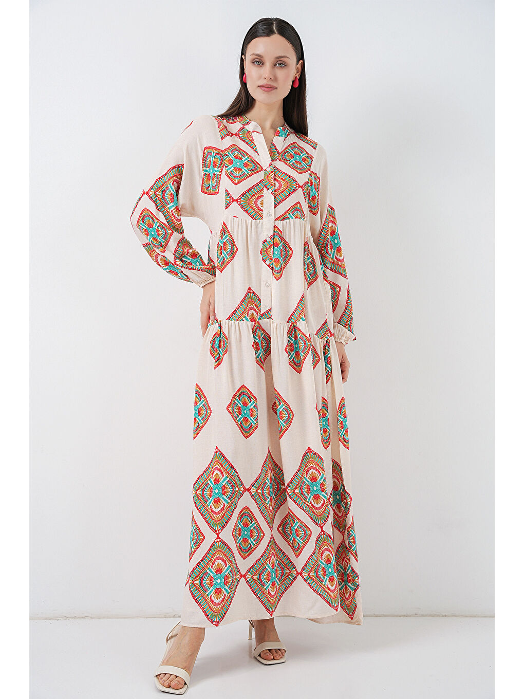 Kadın Desenli Uzun Tesettür Elbise 2585 - Bej-2