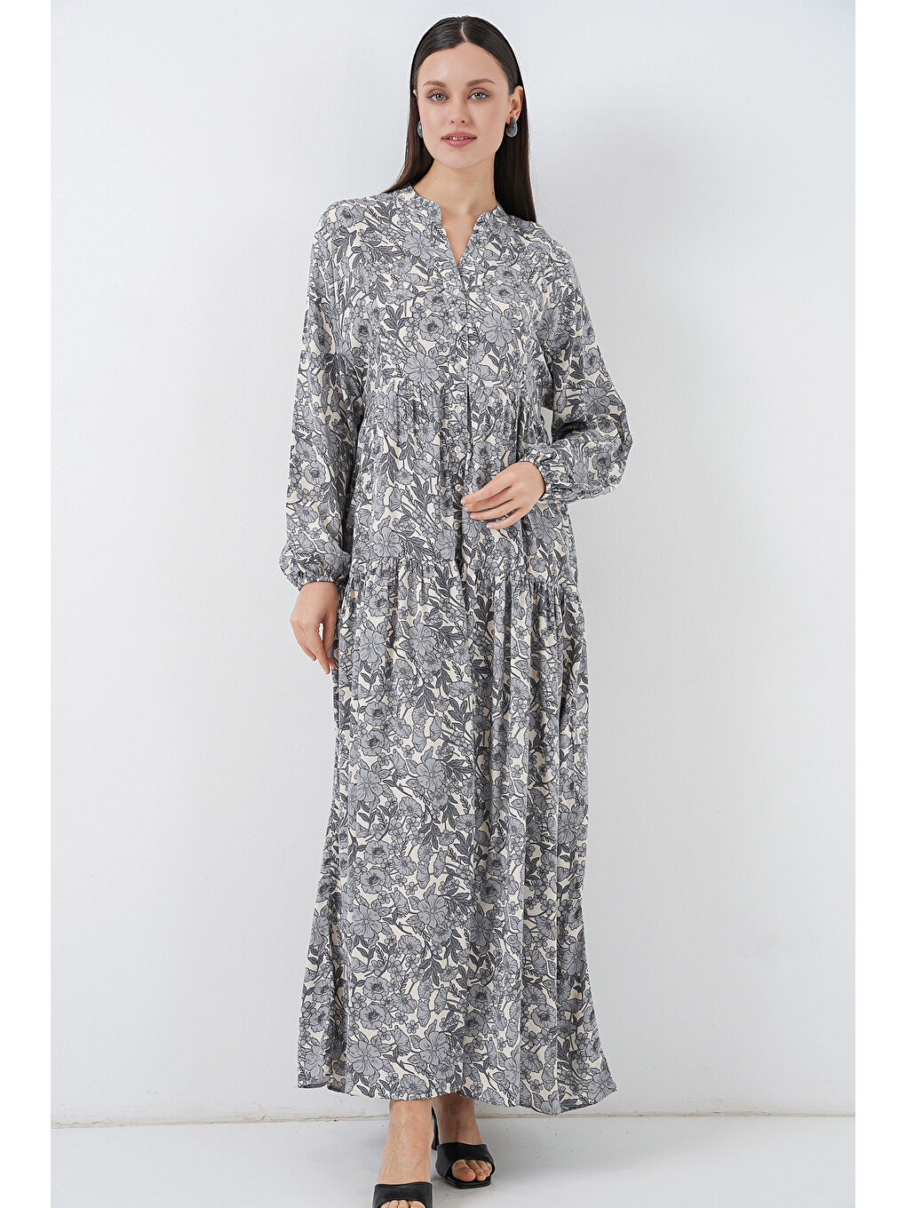 Kadın Desenli Uzun Tesettür Elbise 2585 - Gri-3