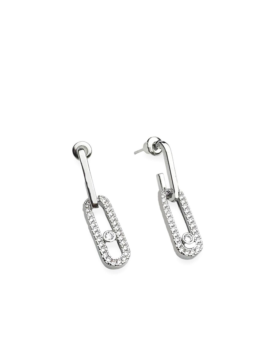 Gri Mess Uno Zirkon Taşlı İki Katlı Badem Sallantılı Çivi Küpe