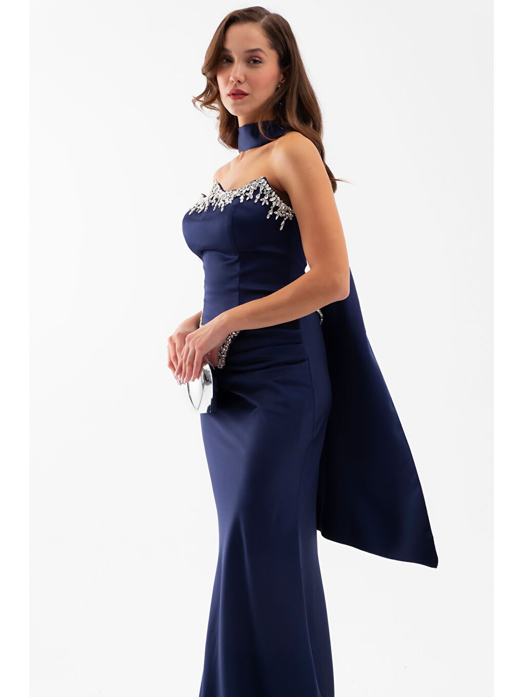 Kadın Lacivert Straplez Taşlı Uzun Saten Abiye Elbise-1