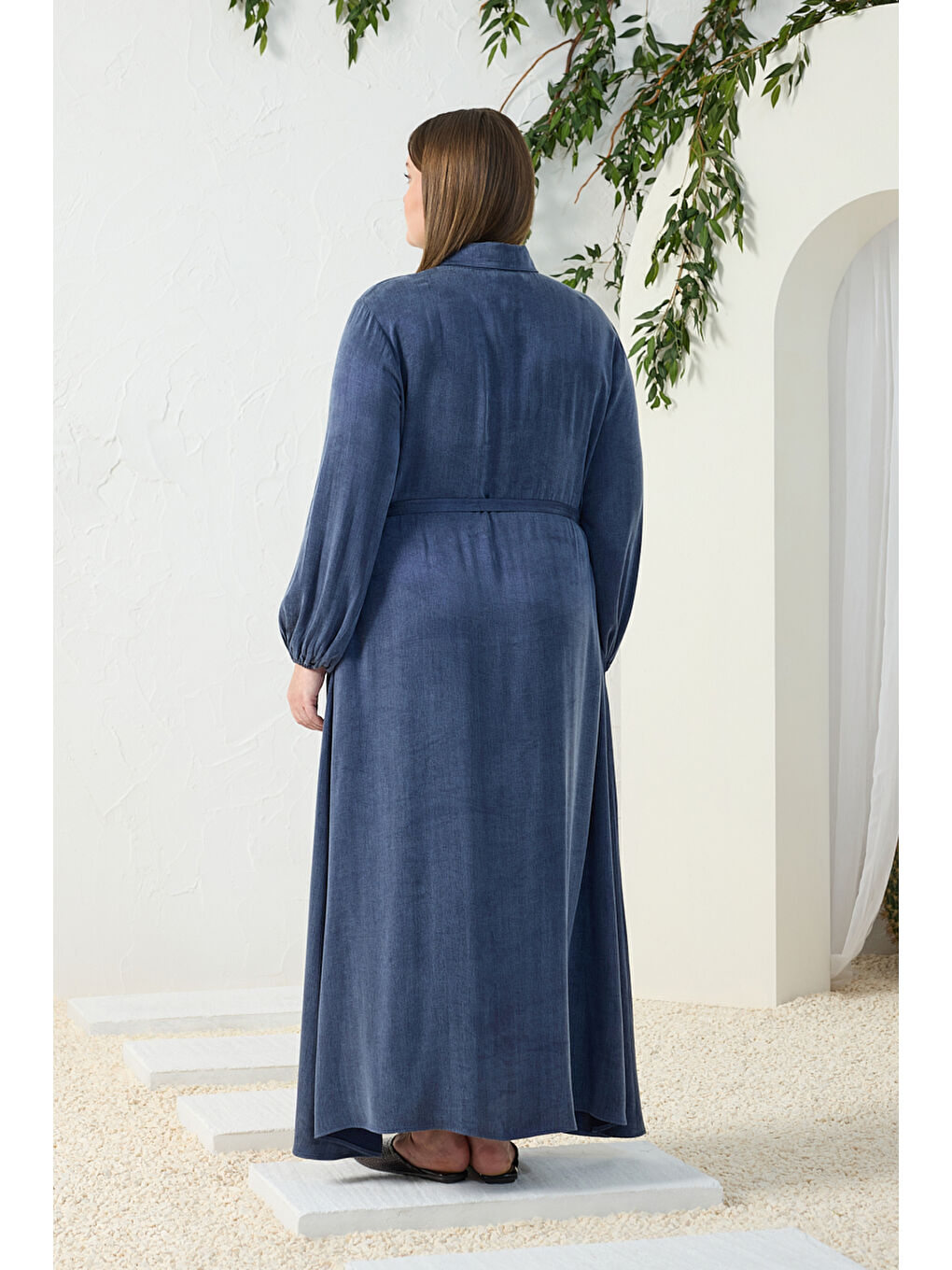 Lacivert Lastikli Gömlek Yaka Elbise-5