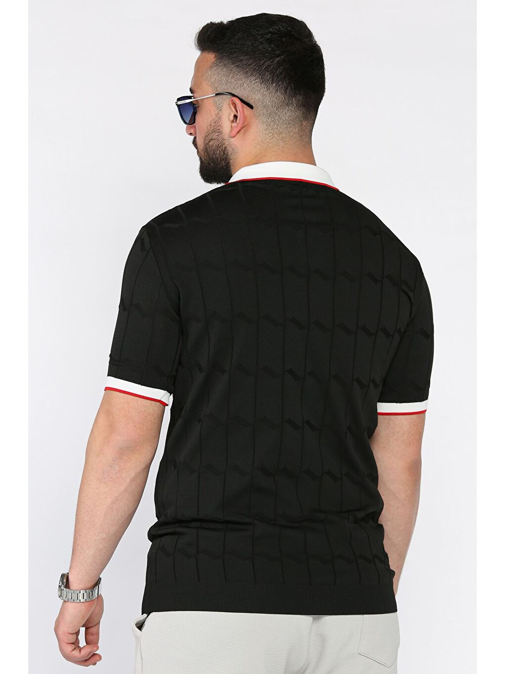 Siyah Polo Yaka Desenli Triko Tişört-2