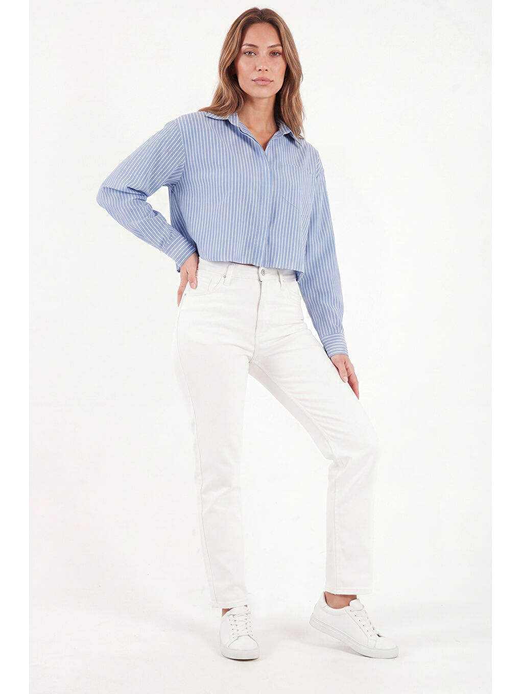 Lacivert Pamuklu Relaxed Fit Çizgili Göğüs Cepli Kadın Gömlek 6982039-1