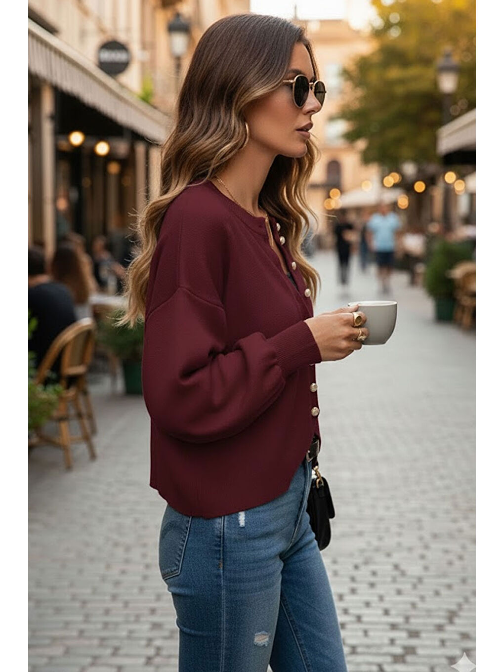 Bordo Yumuşak Dokulu Mücevher Düğmeli Ceket Görünümlü Triko Hırka-1