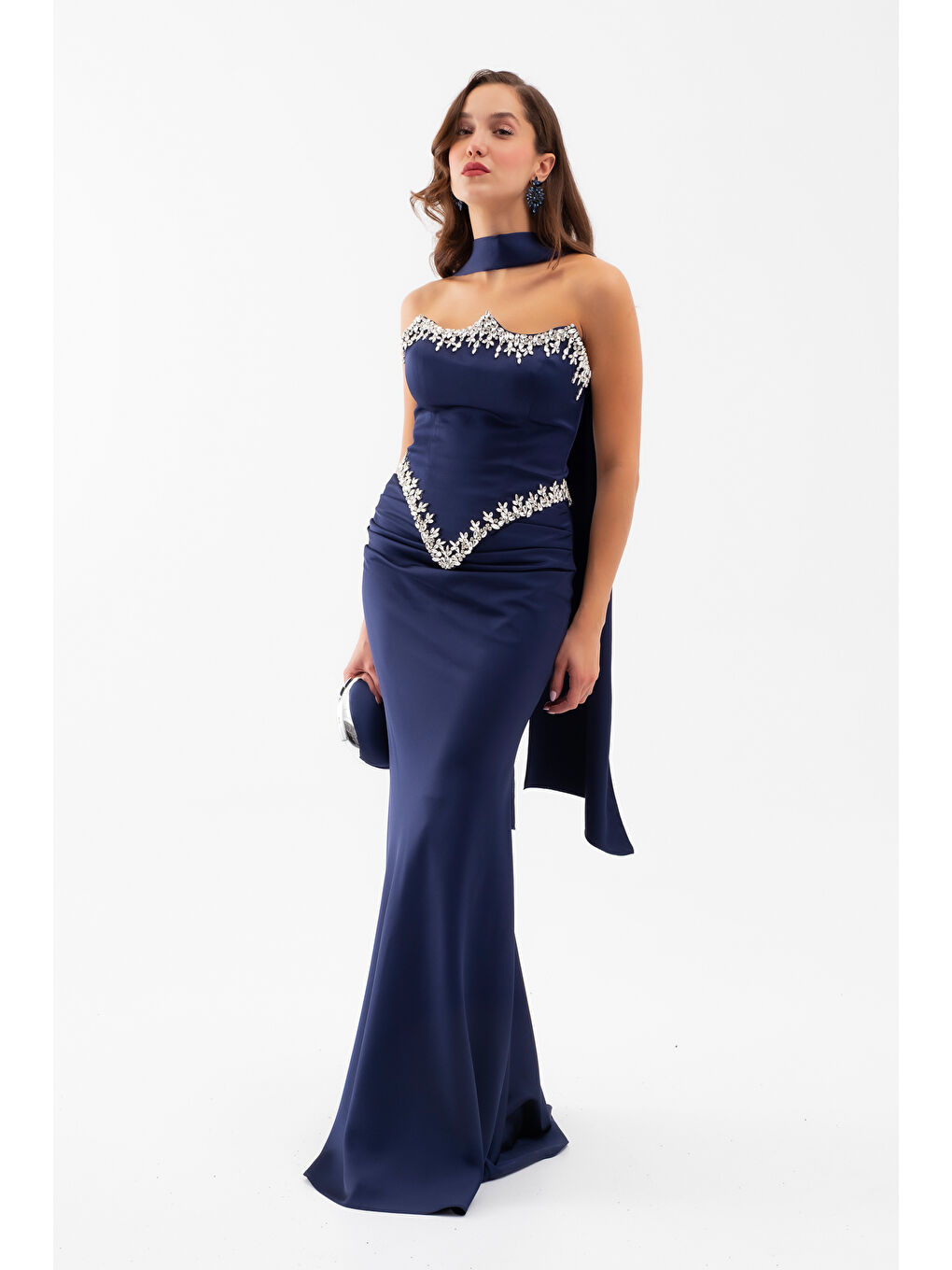 Kadın Lacivert Straplez Taşlı Uzun Saten Abiye Elbise-2