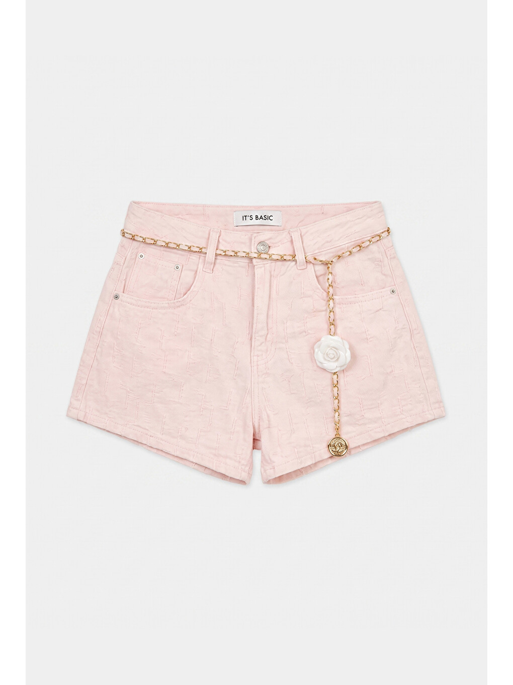 Kadın Pembe Özel Kumaş Güllü Kemerli Tasarım Mini Denim Şort