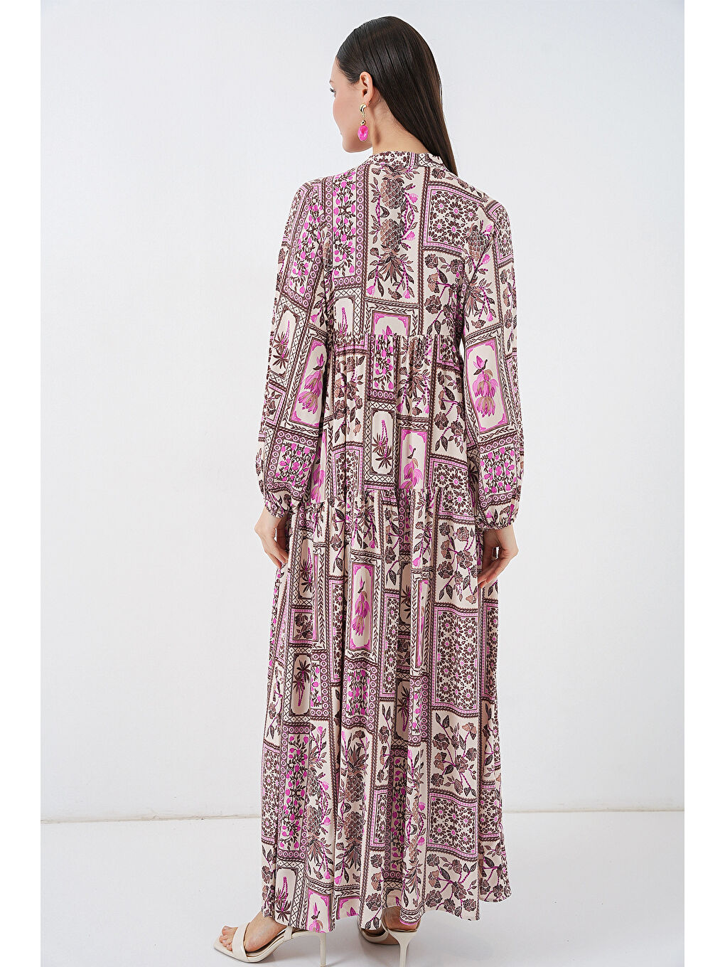 Pembe Kadın Desenli Uzun Tesettür Elbise 2585 - A.Pudra-6