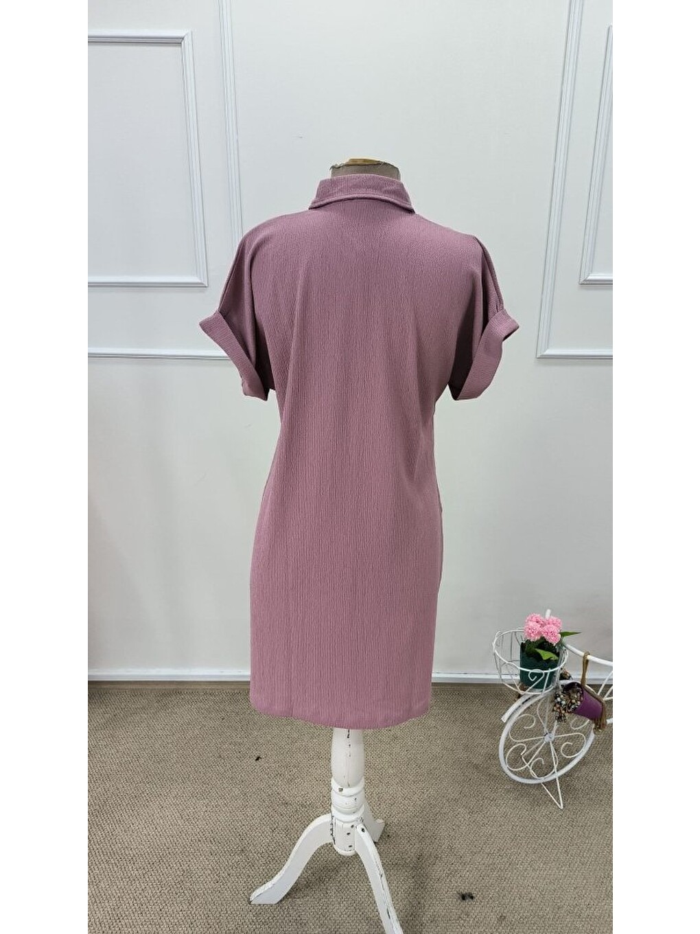Pembe Kadın Kısa Kollu Önden Düğmeli Cep Detaylı Mini Bürümcük Elbise-4
