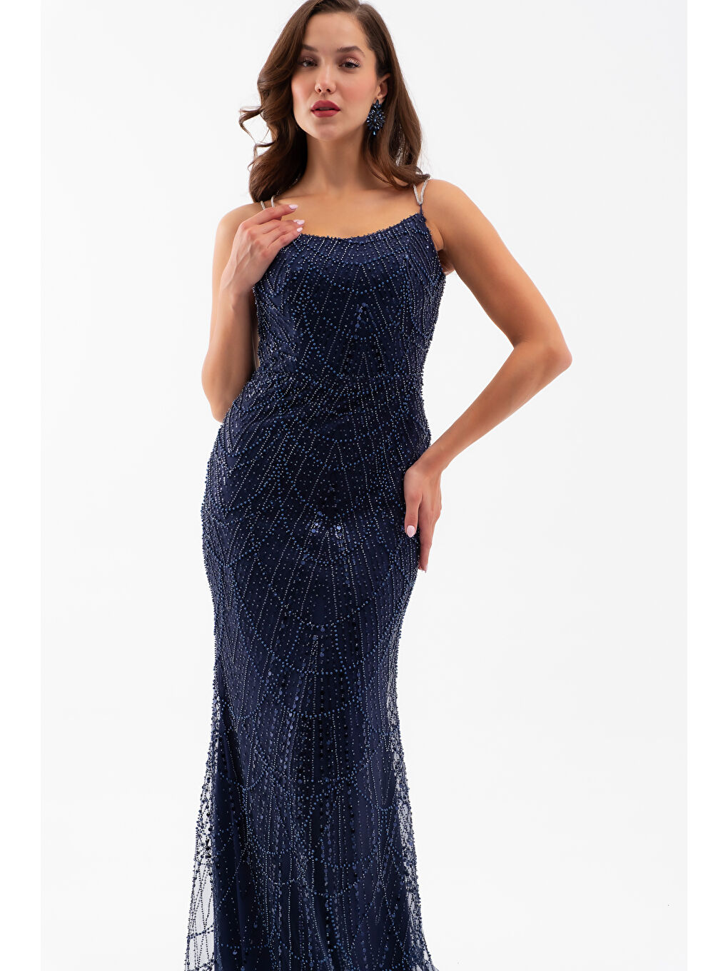 Kadın Lacivert Askılı Boncuklu Uzun Balık Abiye Elbise-2