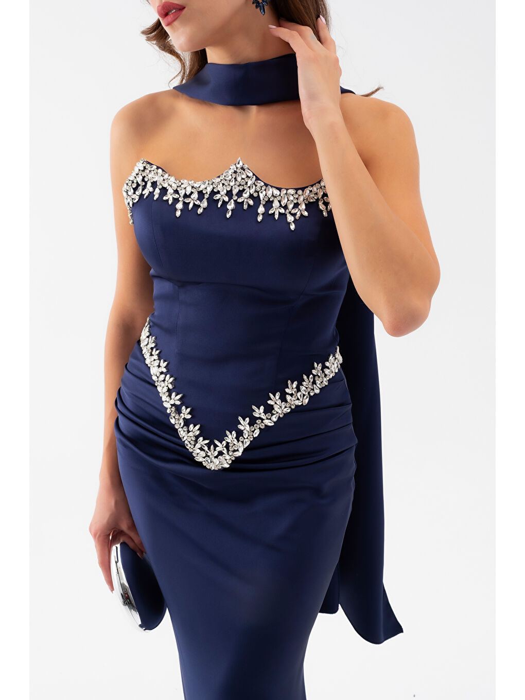 Kadın Lacivert Straplez Taşlı Uzun Saten Abiye Elbise-3